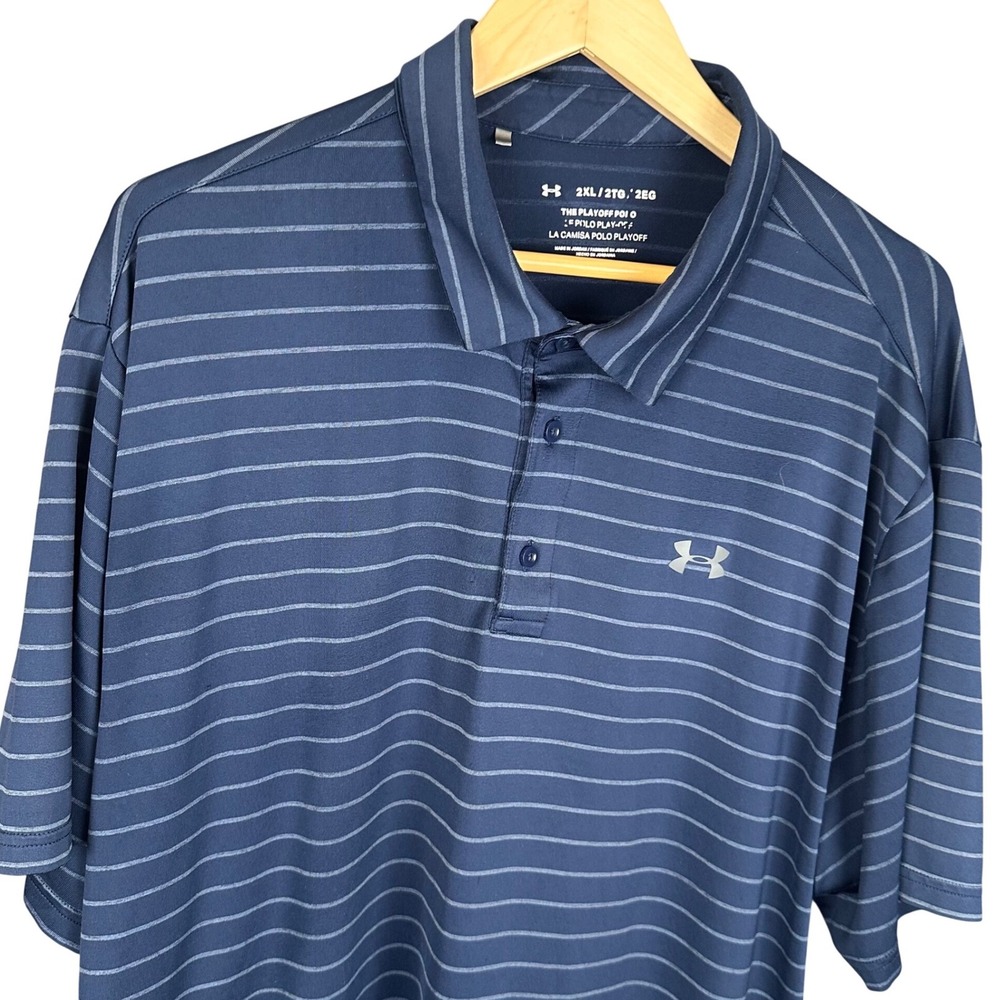 Under Armour Playoff Polo Mens 2XL Navy Blue Striped HeatGear Golf Shirt XXL - Picture 1 of 7